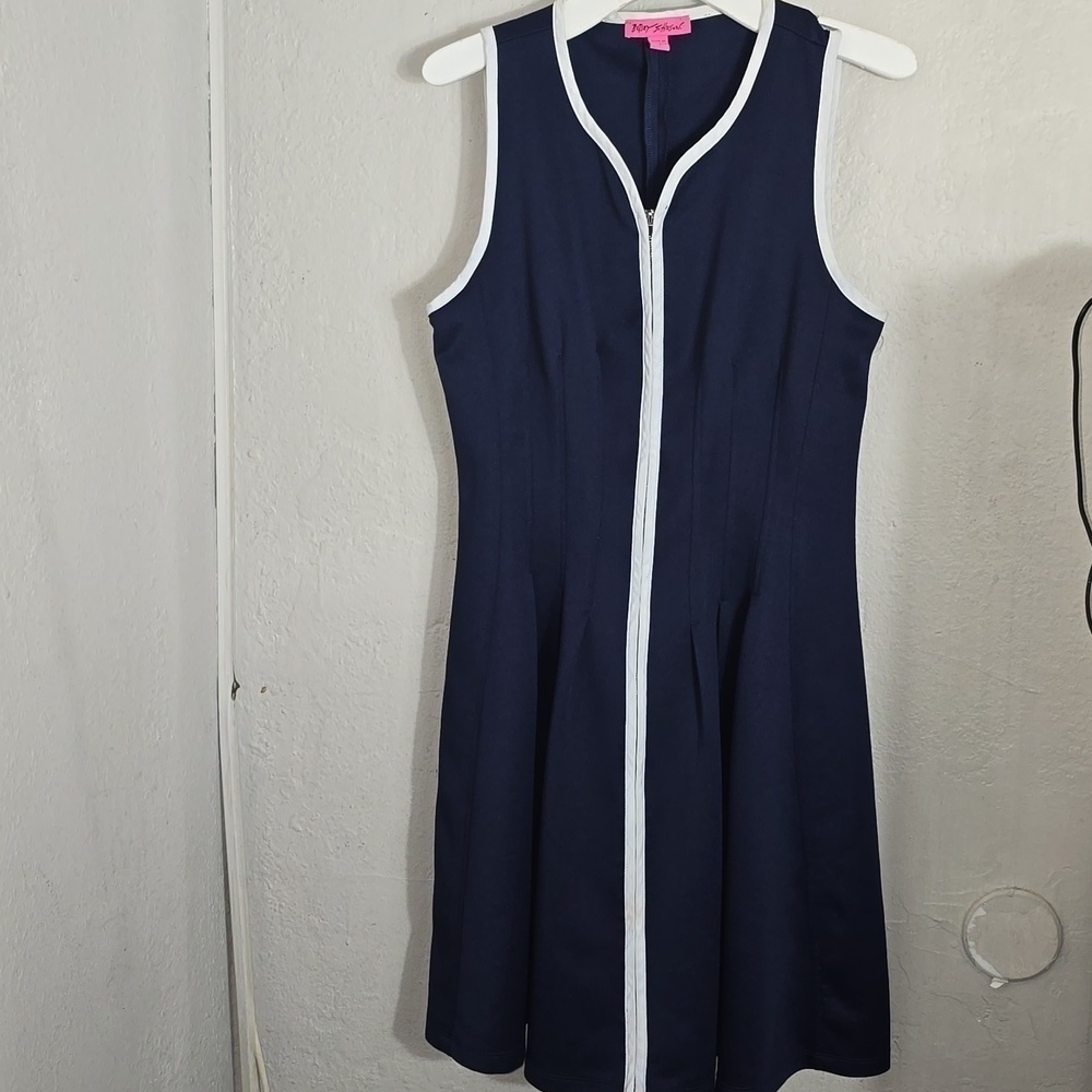 Besty Johnson  Navy Zip Front White Trim Pleated Dress